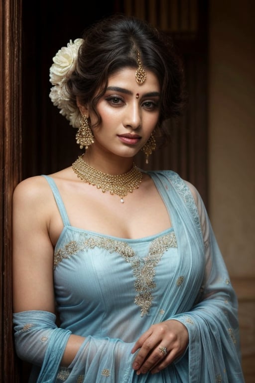 The image depicts a woman adorned in traditional South Asian attire, likely for a formal occasion. Her attire consists of a light blue salwar kameez with intricate embroidery and floral designs. The kameez is complemented by a sheer dupatta with similar embroidery and floral motifs. She wears large, dangling earrings and has her hair styled with a central parting, which is a common hairstyle in the region. The jewelry and makeup suggest a celebration or a ceremonial event.