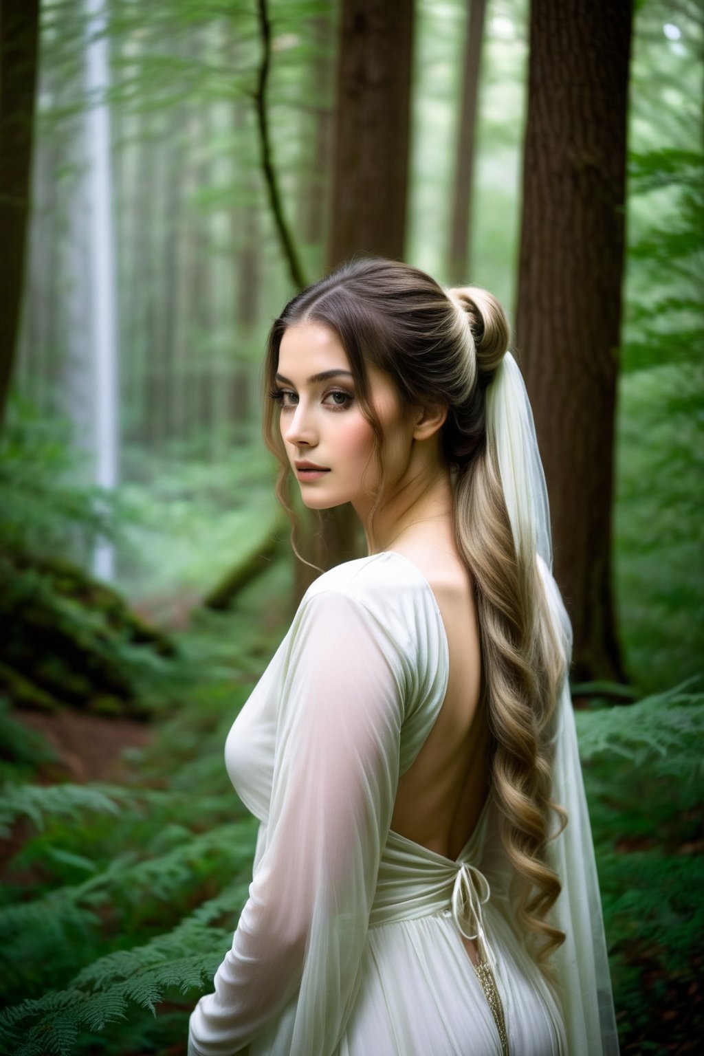  Ana María stands in front of a serene, misty forest, her long, ponytailed hair cascading down her back like a waterfall of silk. The soft, ethereal light filtering through the trees casts a gentle glow on her pale white skin, accentuating the subtle curves of her features. Her eyes gaze softly into the distance, as if lost in thought, amidst the tranquil atmosphere of the misty forest.