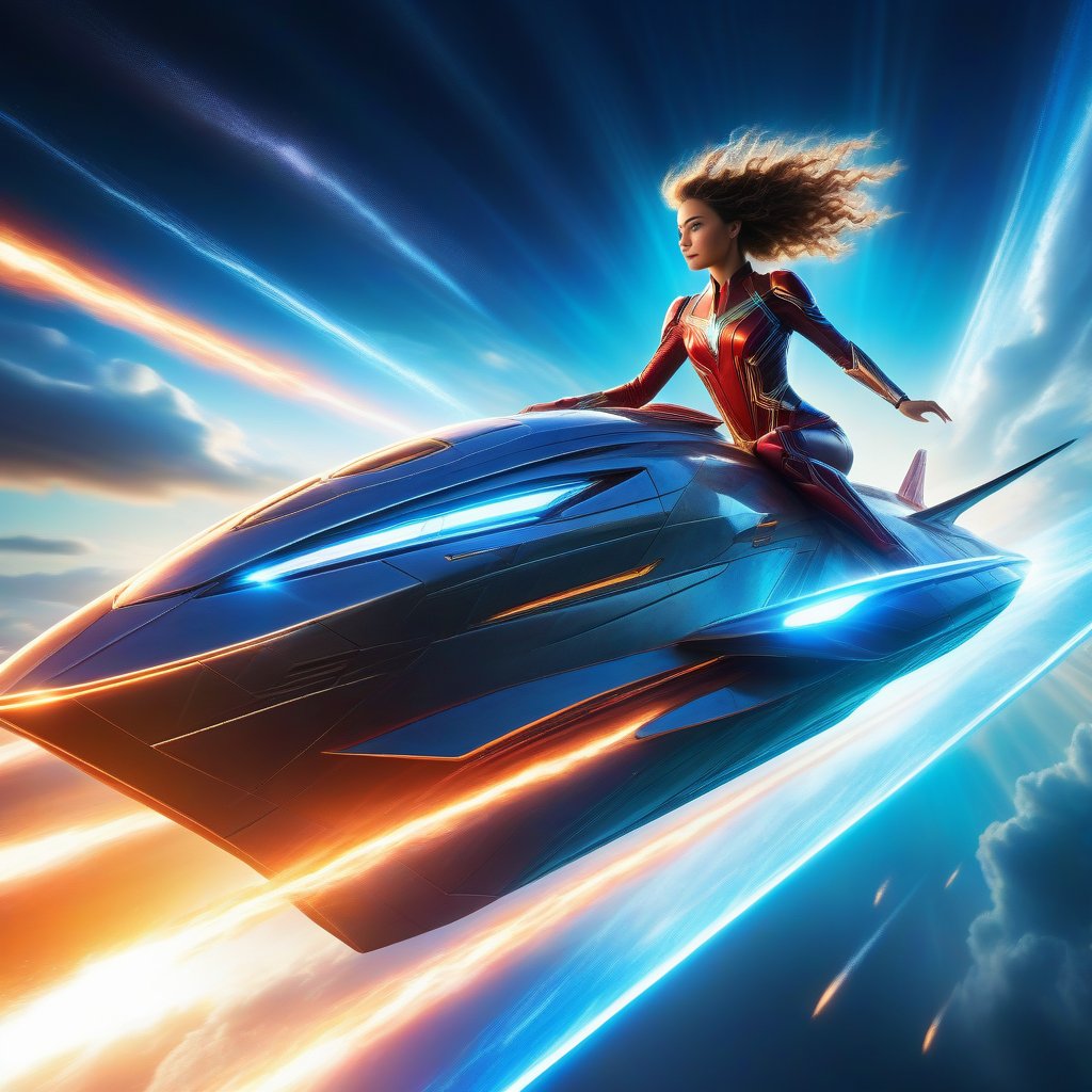 A super-powered girl, with glowing energy, maneuvering a sleek, light ship soaring through a vibrant sky, framed with dynamic angles and dramatic lighting highlighting her intense focus and the ship's sleek design.