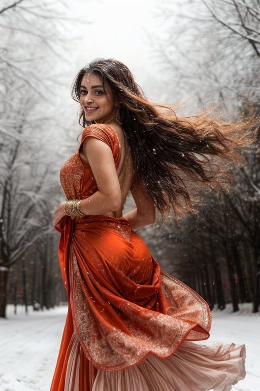 A stunning 20-year-old Instagram model posing in a winter wonderland setting. She's a vision in her vibrant orange salwar kameez, flowing softly around her as she dances with carefree abandon. Her long, dark hair cascades down her back like a waterfall of night, while colorful streaks weave through the strands, catching the gentle snowfall. Her soft eyebrows frame her bright smile, radiating joy and confidence. The camera captures her in mid-twirl, her legs and arms blurred as she moves to an unheard rhythm, surrounded by swirling snowflakes that add a touch of magic to this hyper-realistic winter wonderland scene.