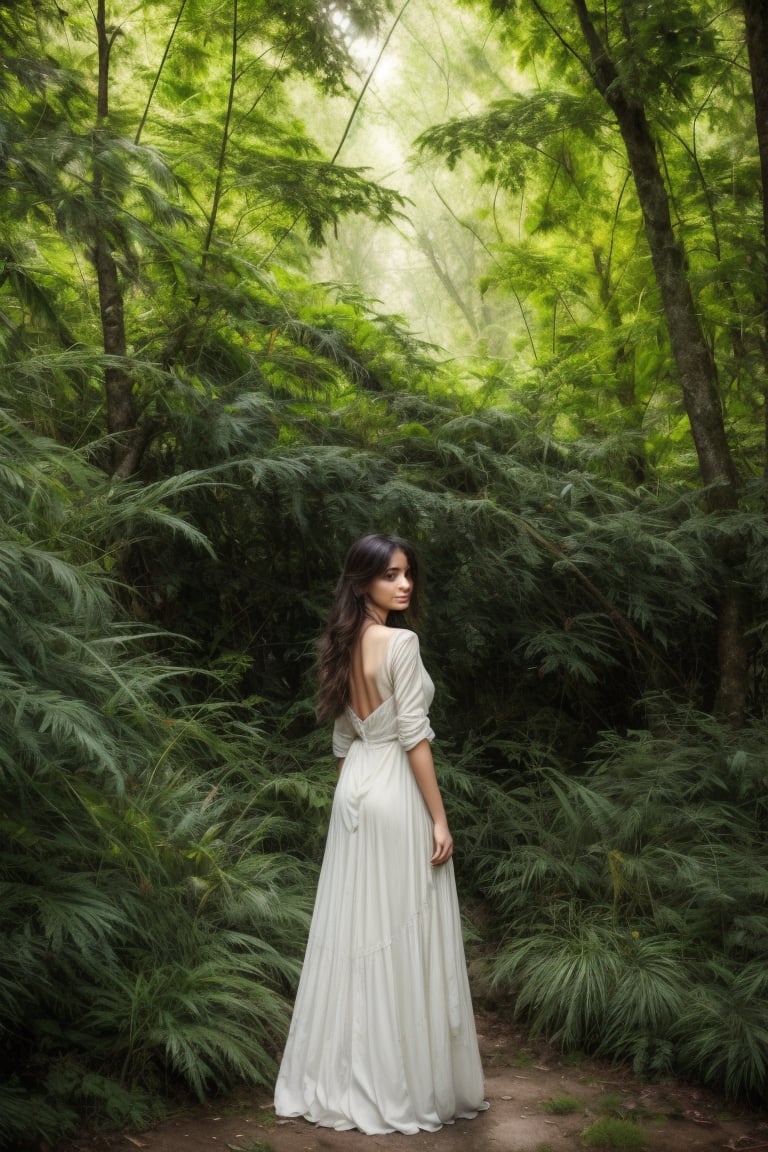 A whimsical scene unfolds: a solitary figure, adorned in a flowing white dress that seems to glow against the dappled shade of a ancient tree. Her long, dark locks cascade down her back like a waterfall of night, as she stands tall amidst an overgrown meadow, where grasses and plants have claimed their space. The air is alive with the promise of secrets whispered among the whispers of leaves.