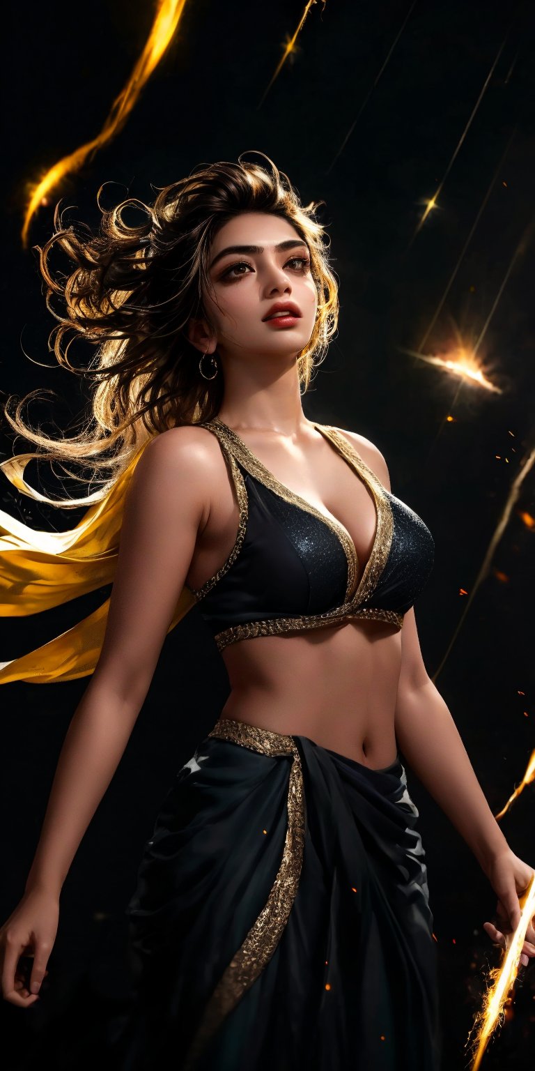 High-angle shot of a striking solo girl standing confidently within a stark black background, as if she's harnessing the power of the cosmos. Her upper body is aglow with a dynamic lightning aura, crackling with energy and illuminated by vibrant thunder flashes that dance across her skin like digital fireflies.