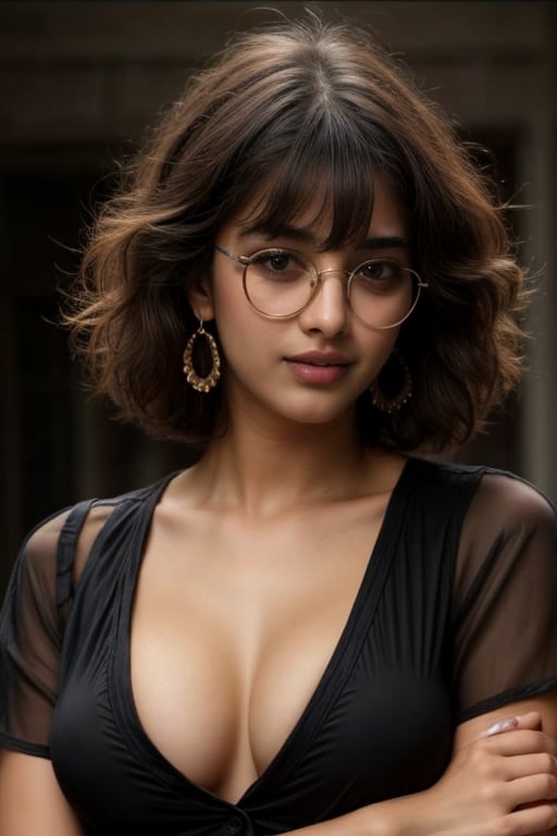 1girl, solo, breasts, looking at viewer, short hair, simple background, shirt, black hair, jewelry, closed mouth, collarbone, upper body, earrings, open clothes, glasses, collared shirt, black eyes, lips, open shirt, no bra, buttons, brown background, pink shirt, realistic, nose, unbuttoned, partially unbuttoned, unbuttoned shirt