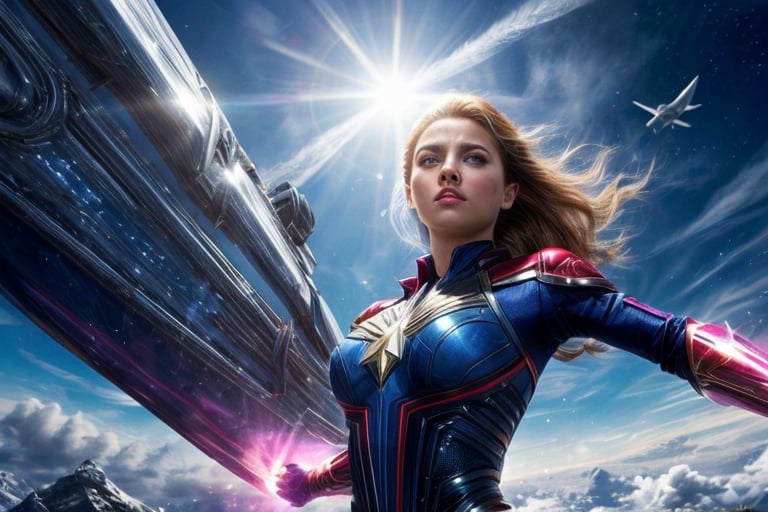 Aurora, the radiant superheroine, stands at the helm of her gleaming vessel, 'Astral Quest', as it pierces the cerulean heavens. The camera captures a thrilling bird's-eye view, with the ship's streamlined silhouette and glowing energy trails accentuated by warm sunlight and bold shadows. Aurora's concentrated gaze and outstretched arms convey determination, while the starry backdrop and wispy clouds add depth to this action-packed scene.