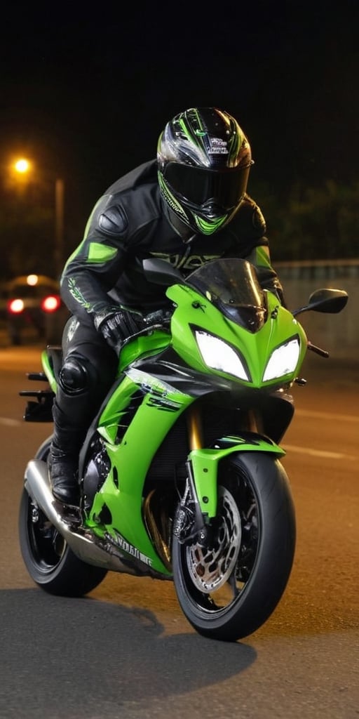 kawasaki bike on the road with a beautyful backgroud while racing 20 years man with black paaint black hoddie black and neon yellow helmate with closed helmet
background: ,side view of the bike,nighttime , with the crowed on the road all the bikes should move and the bike should go , it should be like a real pic which was captured by the man through the moble ,

CHANGE THE MODEL OF THE BIKE KAWASAKI A NEW MODEL NOT LIKE A KTM BIKE CHANGE THE MODEL 