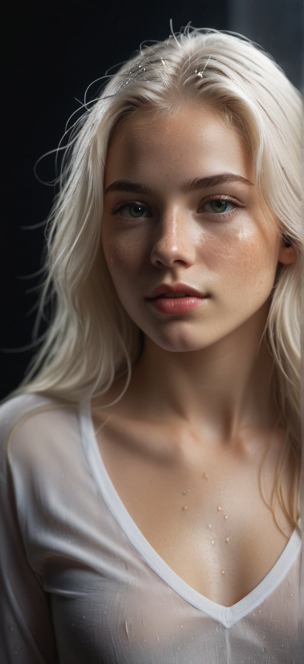 Sexy girl, 23 years old, (white long hair),hazel eyes, wet lips, light freckles, looking at the viewer, professional profile of a woman ((full length portrait photo)) spread out towards the viewer, detailed, sharply focused, dramatic, recorded , cinematic lighting, volumetric dtx, (film grain), background, comprehensive) foreground shot, depth of field, studio, motion capacity), full body, rear view