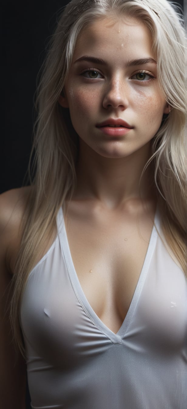 Sexy girl, 23 years old, (white long hair),hazel eyes, wet lips, light freckles, looking at the viewer, professional profile of a woman ((full length portrait photo)) spread out towards the viewer, detailed, sharply focused, dramatic, recorded , cinematic lighting, volumetric dtx, (film grain), background, comprehensive) foreground shot, depth of field, studio, motion capacity), full body, rear view