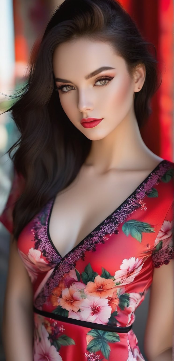 19-year-old Latin model from South America. Confidently, her sexy gaze flows through defined eyeliner, eye shadow and lashes for a completely seductive three-quarter look. She poses against the deep cleavage in her Comfortable Short Sleeve V-Neck Floral Long Dress, flashing bright red sun pieces. Porcelain pale skin contrasts with pink fabric and replaces warm sunlight emitting solar foam outbursts.wide perspective,8k