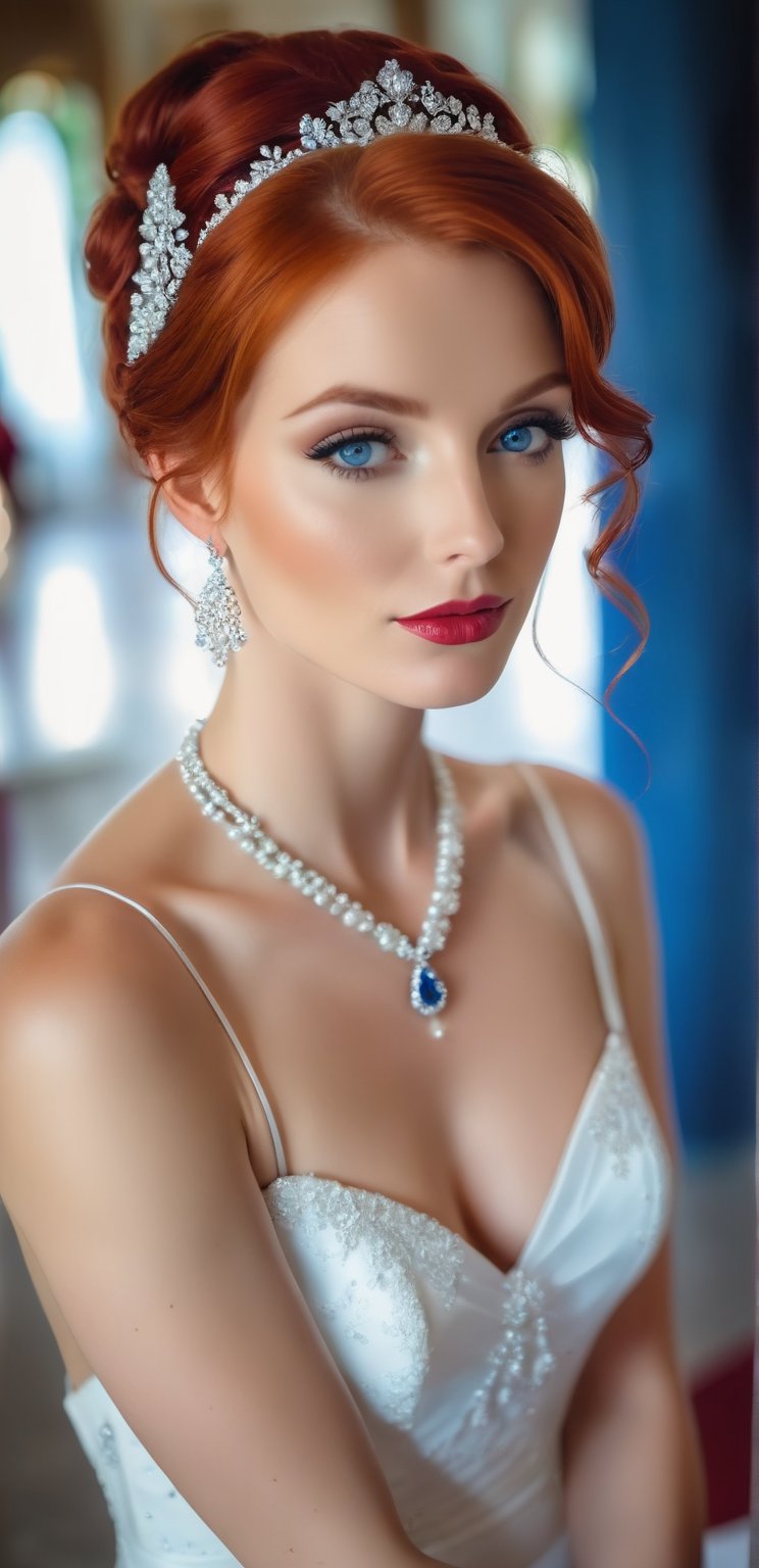 European woman, 30 years old, red hair, blue eyes, necklace, bracelet, getting married, in a low-cut wedding dress, waiting for the groom among the guests in the wedding hall. earrings, UHD resolution, detailed details, wide angle shot. The provocative look, the wet lips, the look of eager desire,