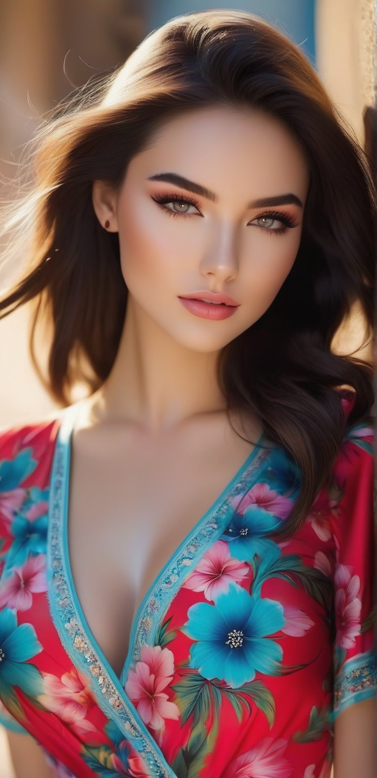 19-year-old Latin model from South America. Confidently, her sexy gaze flows through defined eyeliner, eye shadow and lashes for a completely seductive three-quarter look. She poses against the deep cleavage in her Comfortable Short Sleeve V-Neck Floral Long Dress, flashing bright red sun pieces. Porcelain pale skin contrasts with pink fabric and replaces warm sunlight emitting solar foam outbursts.wide perspective,8k