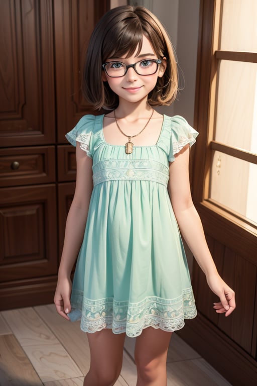 masterpiece, best quality, 3D rendering, 3DMM style, long shot, sportrait, 3D, 1girll 8 years old smile, wearing glasses, Solo, （Brunette long hair 3.2）, necklace, freckle, jewelry, Look at the camera realistically, full body , (dress with elanur script) Plain background and white, with edges, looking away, short hair, parted lips, green eyes, necklace, 
BİLGİ elanur written dress