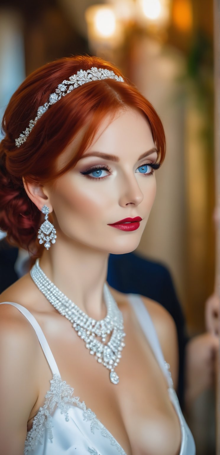 European woman, 30 years old, red hair, blue eyes, necklace, bracelet, getting married, in a low-cut wedding dress, waiting for the groom among the guests in the wedding hall. earrings, UHD resolution, detailed details, wide angle shot. The provocative look, the wet lips, the look of eager desire,