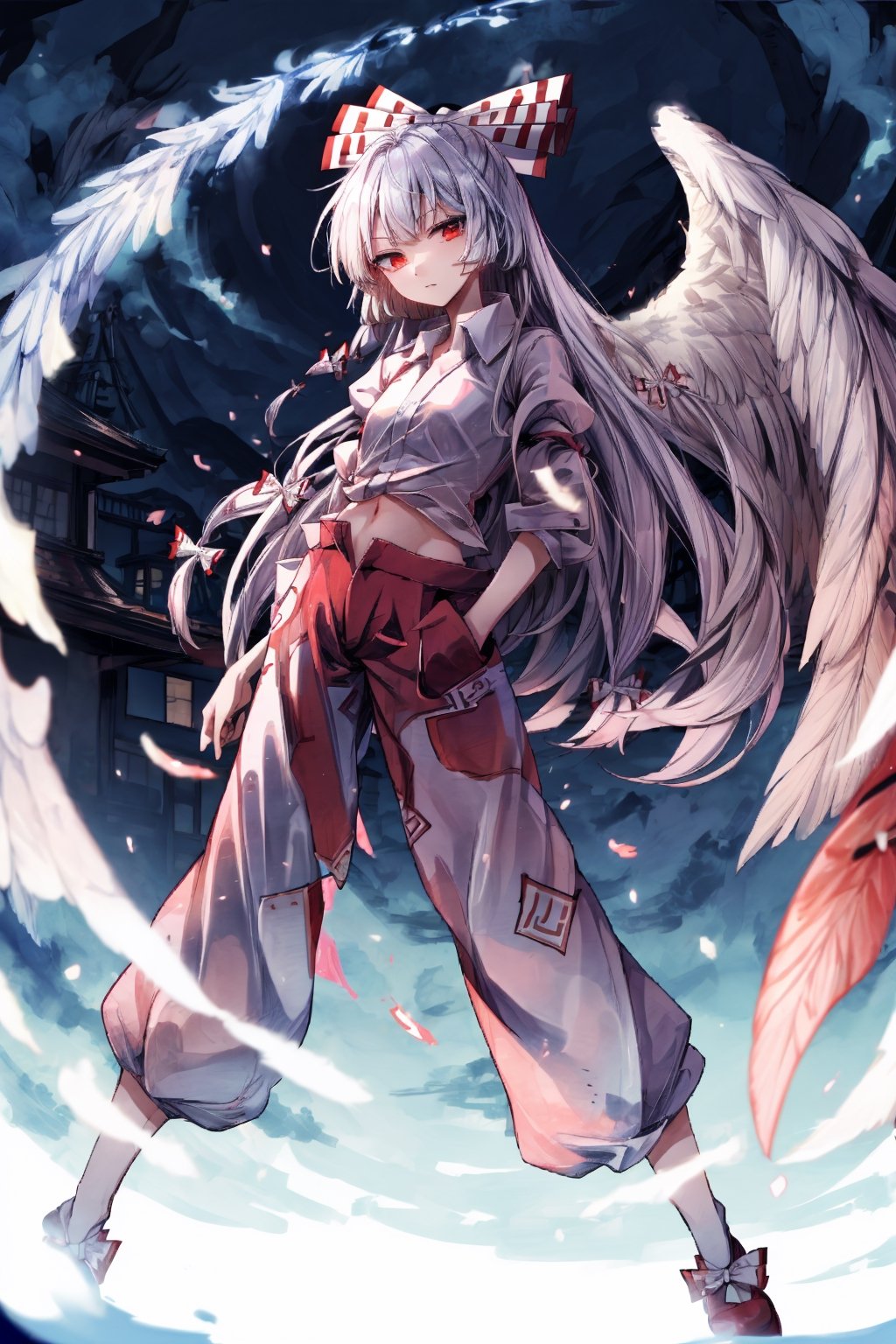 1girl, white_hair, red_eye, Angel wings, Fujiwara no mokou from touhou, 