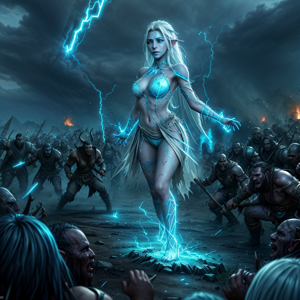 A stunningly beautiful elf female mage standing on a battlefield, surrounded by a horde of hostile orcs. Her pale skin glows with an ethereal blue hue, and her long, white hair flows freely around her delicate features. Her eyes shimmer with determination as she readies herself for battle, staff raised high over her head. Her tattered yet still breathtakingly beautiful robes hang loosely from her body, revealing the pale curves of her flesh and the wounds she has sustained in the midst of the conflict. The air crackles with electricity as she begins to summon a powerful lightning spell, aiming it directly at the orc leader who bares his fangs at her. The lightning bolt strikes true, sending the orc flying backwards and eliciting cries of pain and surprise from the surrounding horde. Despite their numbers and brutish strength, the elf mage's beauty and magical prowess make her an intimidating and alluring figure in the midst of the chaos,torn clothes,LightningPunkAI