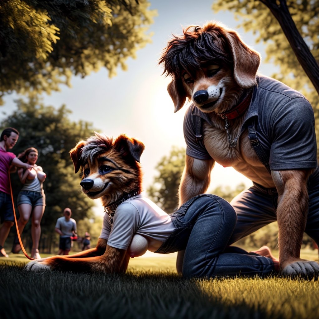 A heartwarming scene in the park, where a young, muscular human man named Alex is enjoying a leisurely walk with his adorable anthropomorphic dog girl, Luna. The nude beauty of Luna's furry form is accentuated by the morning sunlight that bathes her in a warm glow. Her dog-like legs and feet, complete with delicate paws and sharp claws, gracefully navigate the grass beneath her as she moves effortlessly on all fours. Her canine tail sways gently behind her, adding a playful touch to her overall appearance. Alex, dressed casually in a t-shirt and jeans, sports a contented smile on his face as he holds onto Luna's leash, which is attached to a shiny silver collar encircling her neck. The leash allows him to maintain a comfortable distance from her while still keeping her close by his side
 Breasts, Nipples, pussy,Breasts ,bsp,all fours