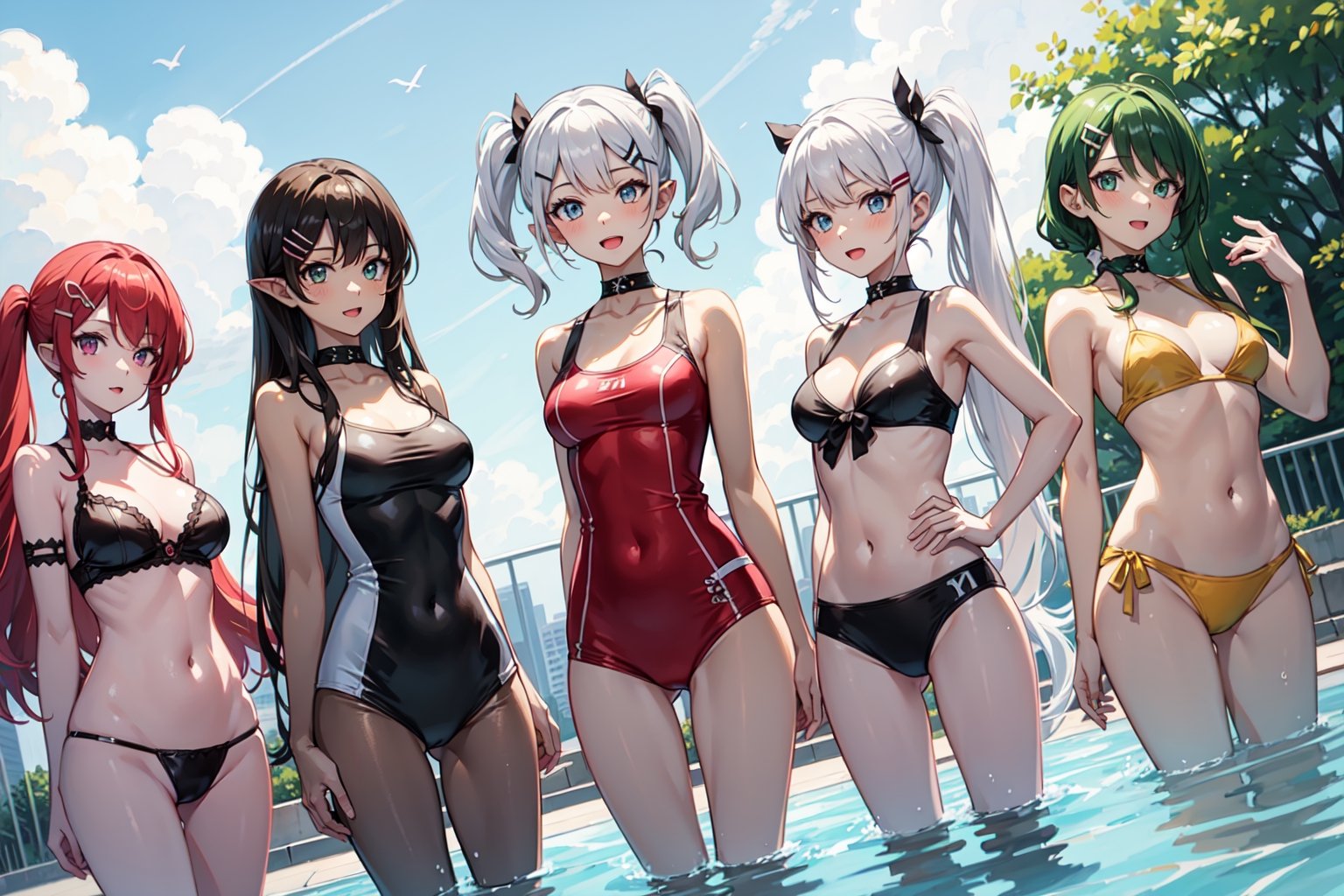 breasts, looking at viewer, blush, smile, open mouth, bangs, blue eyes, multiple girls (5 girls), blonde hair, very small breasts, black hair, red eyes, twintails, very long hair, green eyes, standing, yellow eyes, white hair, red hair, green hair, pointy ears, hairclip, pink eyes, strapless, leaning forward, wearing swimsuits, pool background