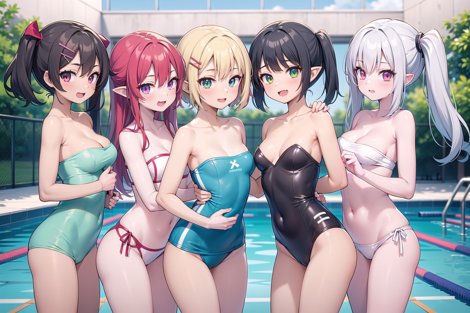 breasts, looking at viewer, blush, smile, open mouth, bangs, blue eyes, multiple girls (5 girls), blonde hair, very small breasts, black hair, red eyes, twintails, very long hair, green eyes, standing, yellow eyes, white hair, red hair, green hair, pointy ears, hairclip, pink eyes, strapless, leaning forward, wearing swimsuits, pool background