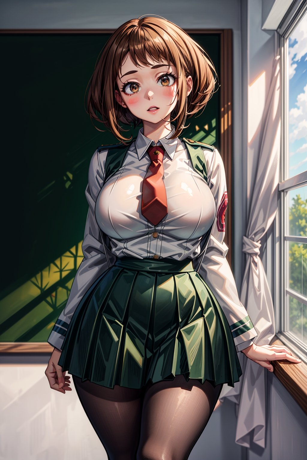 realistic anime style, highly detailed, detailed anime art, extremely detailed, detailed anime artwork, realistic anime, sfw, (full shot), 1girl, solo, uraraka ochako from Boku no hero, hmochako, sexy pose, (narrow waist, wasp waist, wide hips, big thighs, big butt, big breasts, big tits, hourglass shape, curvy, voluptuous, sexy, Detailedface, short hair, brown hair, brown eyes, schoolgirl, school uniform, green skirt, pleated skirt, red necktie, black pantyhose, tights, white shirt, long sleeves, grey jacket, detailed background, classroom), blush stickers,medium breasts