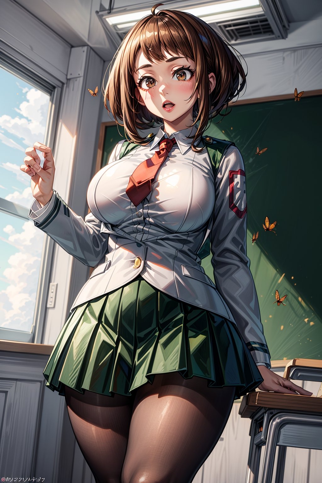 realistic anime style, highly detailed, detailed anime art, extremely detailed, detailed anime artwork, realistic anime, sfw, (full shot), 1girl, solo, uraraka ochako from Boku no hero, hmochako, sexy pose, (narrow waist, wasp waist, wide hips, big thighs, big butt, big breasts, big tits, hourglass shape, curvy, voluptuous, sexy, Detailedface, short hair, brown hair, brown eyes, schoolgirl, school uniform, green skirt, pleated skirt, red necktie, black pantyhose, tights, white shirt, long sleeves, grey jacket, detailed background, classroom), blush stickers,medium breasts