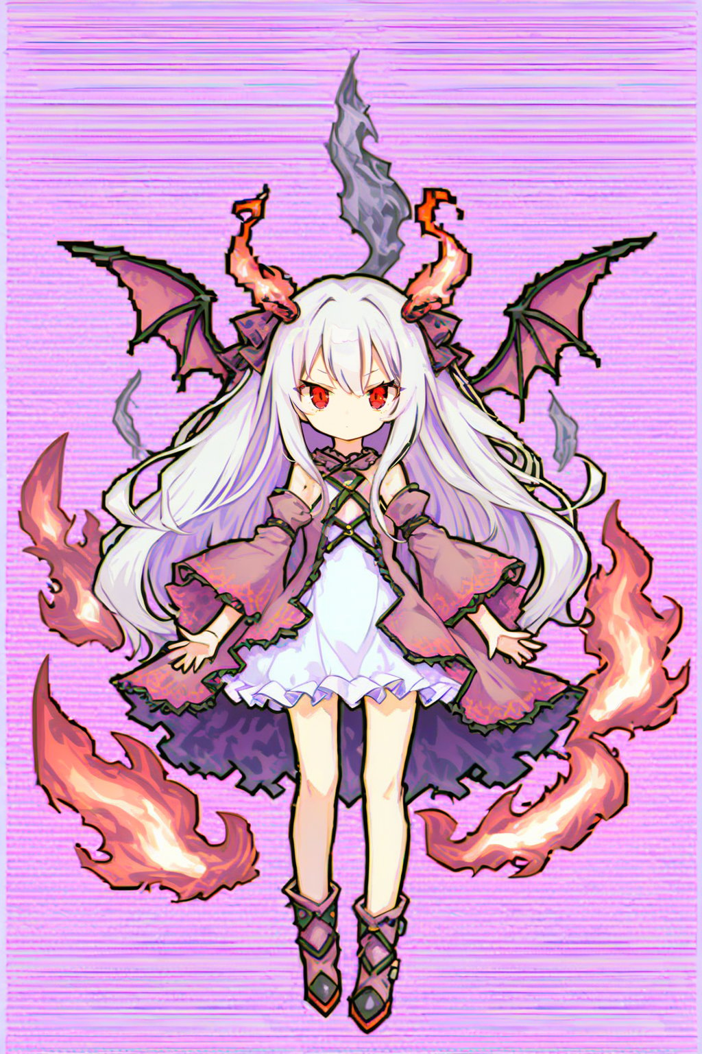 1girl, solo, long hair, looking at viewer, bangs, red eyes, closed mouth, full body, white hair, wings, fire, demon wings, red wings