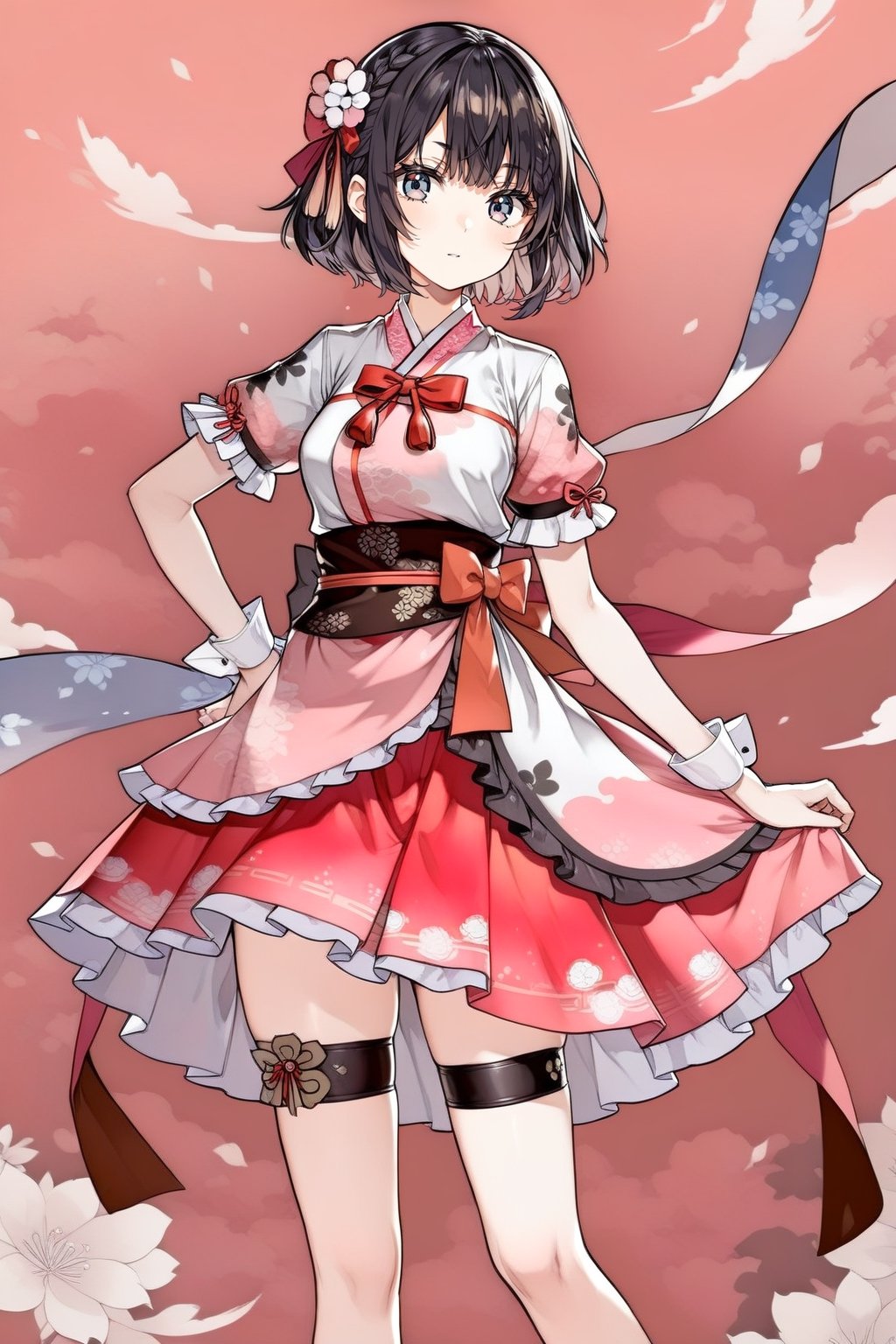 1girl, solo, short hair, blue eyes, skirt, brown hair, black hair, dress, bow, ribbon, hair ribbon, braid, hand on hip, wrist cuffs, grey eyes, thigh strap, tassel, korean clothes, hanbok,((anime))