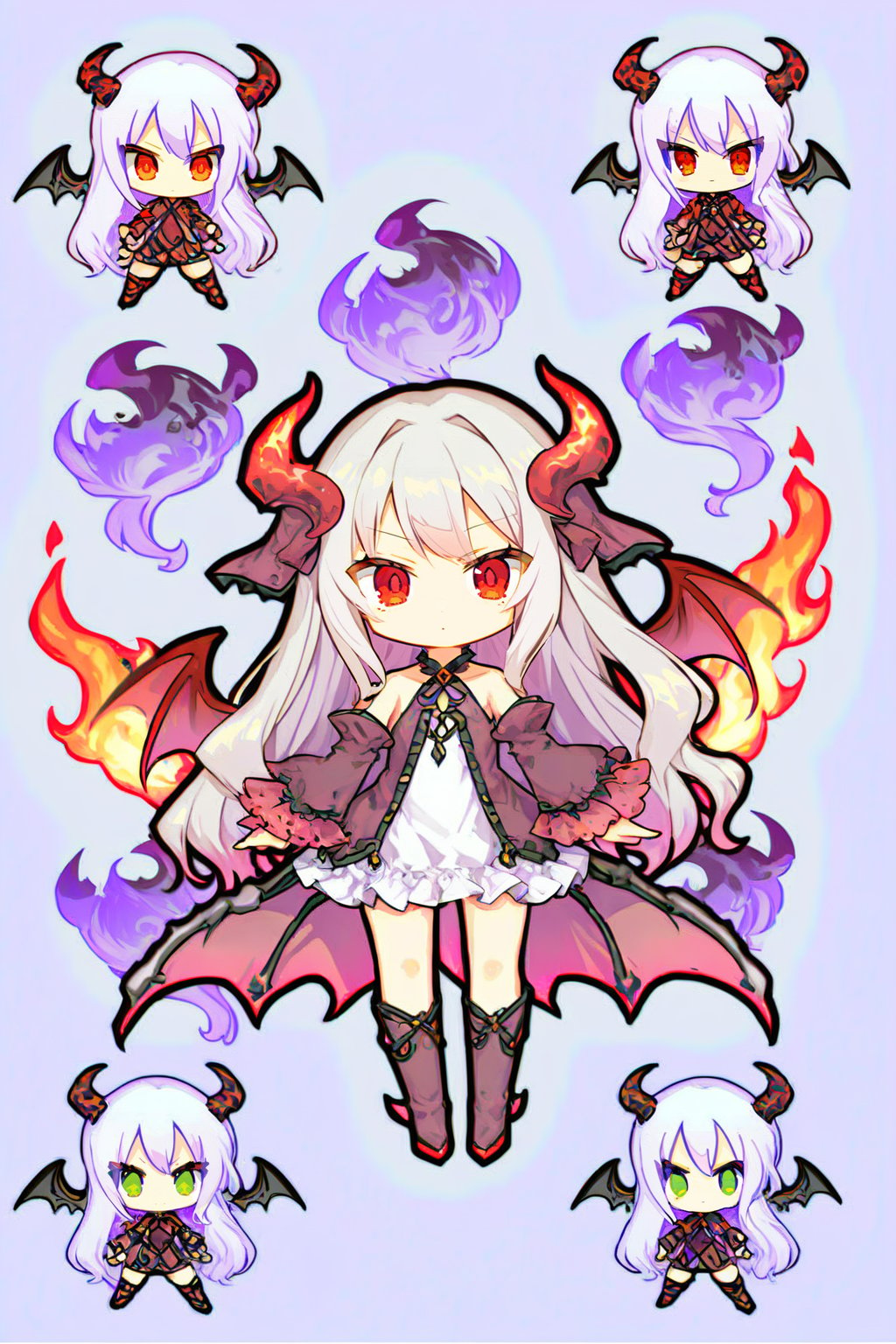 1girl, solo, long hair, looking at viewer, bangs, red eyes, closed mouth, full body, white hair, wings, chibi, fire, demon wings, red wings