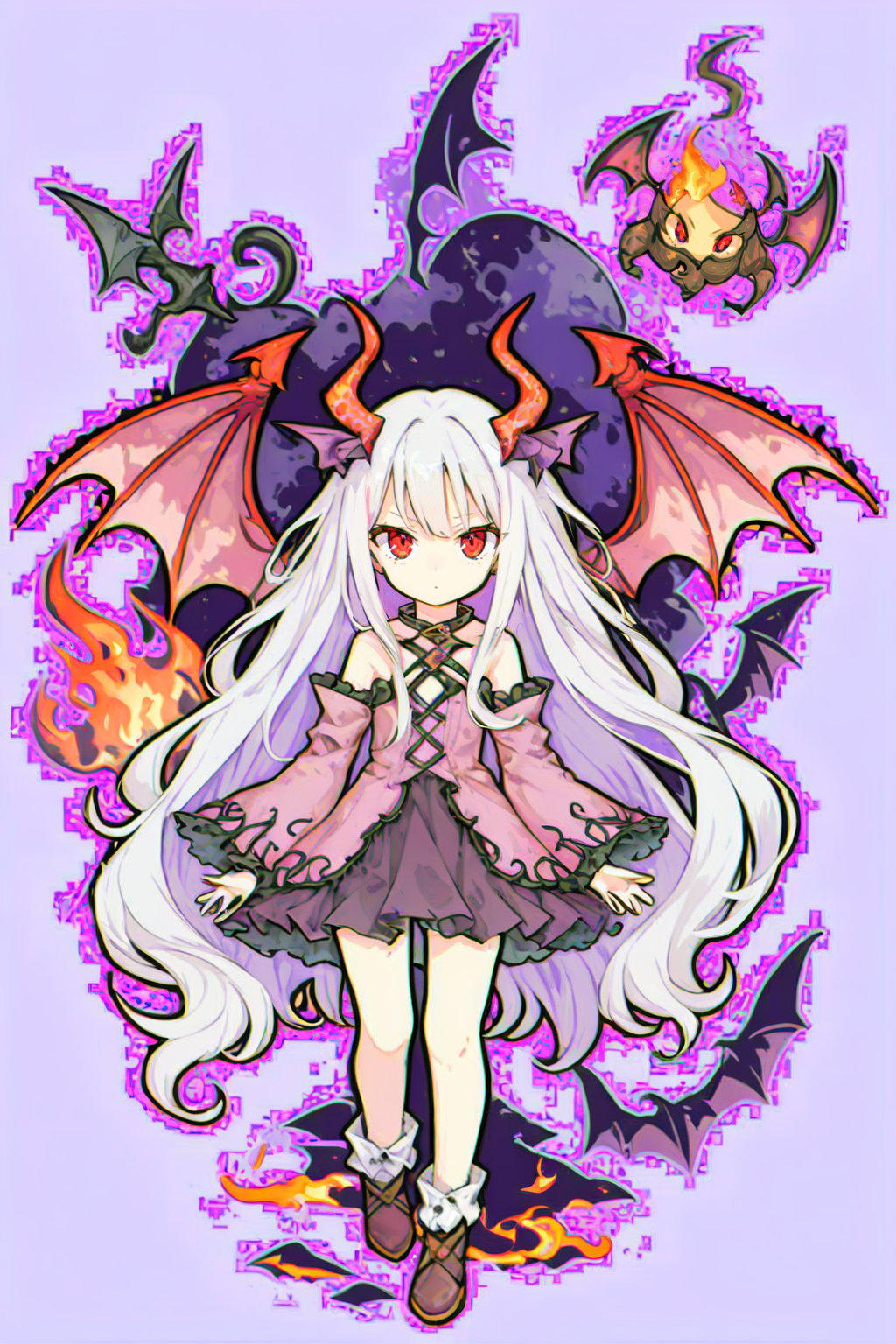 1girl, solo, long hair, looking at viewer, bangs, red eyes, closed mouth, full body, white hair, wings, fire, demon wings, red wings