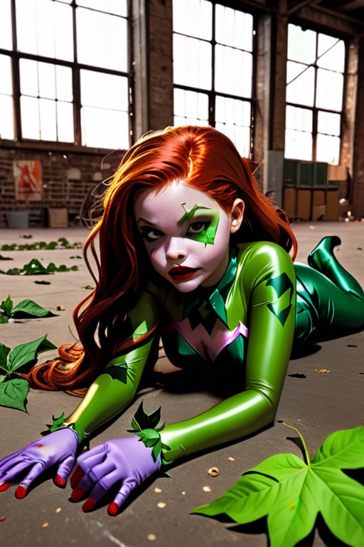 Young super hero, girl, imtating villlian Poison IVY, laying on ground in old warehouse, being looked down on by the Joker.