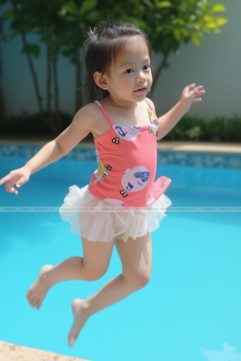 (((young))), ((cute face)), ((small)), (((asian))), ((hyper-realistic)), full body phot, ((jumping in pool))