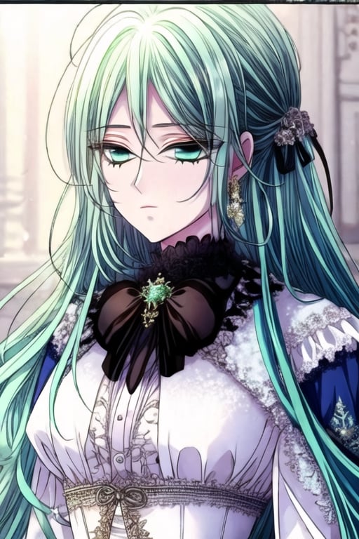 a girl with mint green hair and Geyser eyes with a victorian outfit high quality, details eyes, illustration