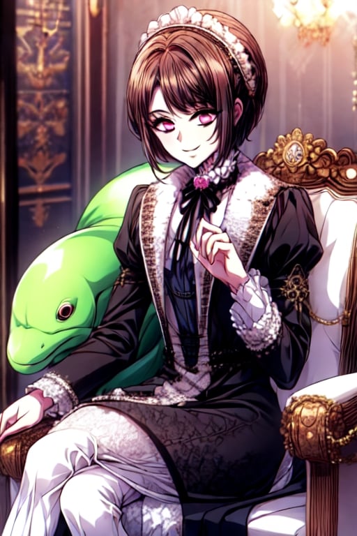a gir with brown short hair and pink eyes with smile in a relaxed pose with a snake ,victorian dress,1 girl,  