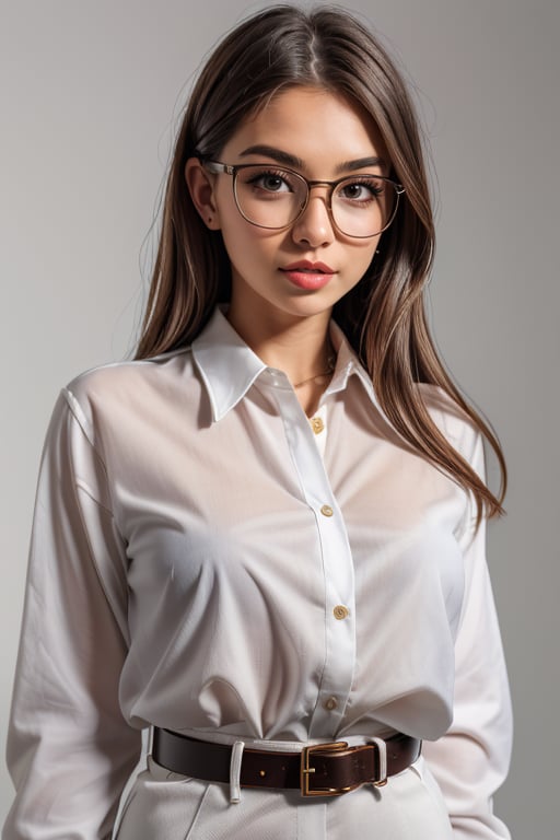 a beautiful female model, full_body, a beautiful young woman looking at viewer, blue eyes, simple background, brown hair, shirt, black hair, long sleeves, white background, white shirt, multicolored hair, glasses, belt, lips, open shirt, makeup, suspenders, arm behind head, red lips