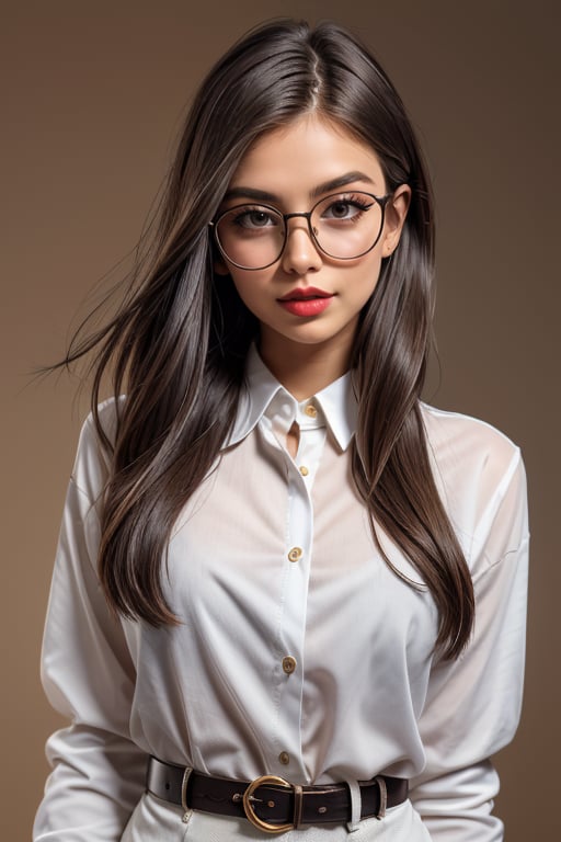 a beautiful female model, a beautiful young woman looking at viewer, blue eyes, simple background, brown hair, shirt, black hair, long sleeves, white background, white shirt, upper body, multicolored hair, glasses, belt, lips, open shirt, makeup, suspenders, arm behind head, red lips