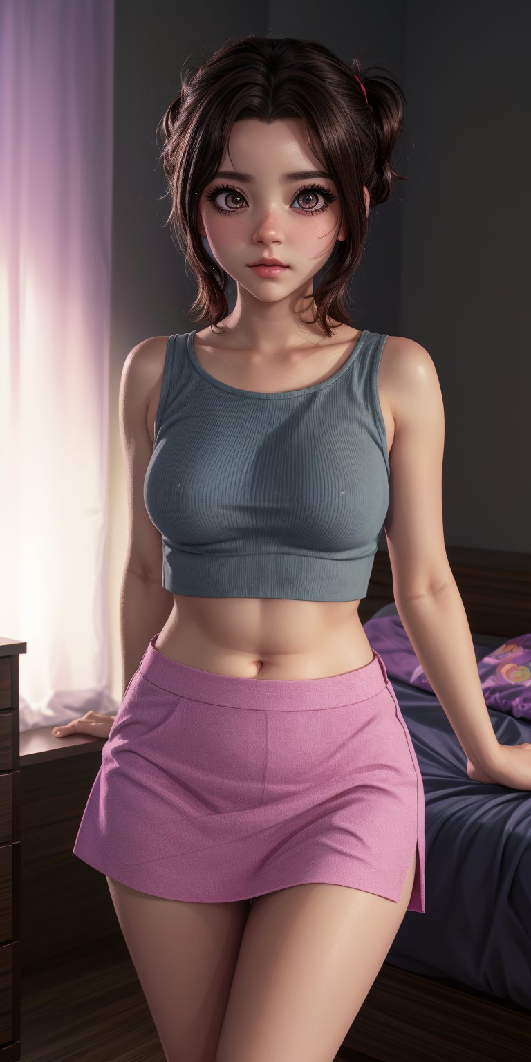 cute beautiful girl in bare feets, tight crop top, niples, tight mini skirt, in bedroom,(highres, highly detailed:1.3), highly detailed face, delicate eyes, perfect_eyes, two Heavy eyelids, shy and dynamic pose, cinematic lighting, vibrant colors, ,pp clothes