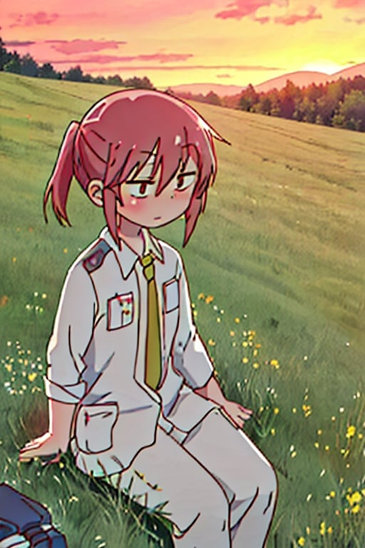 Kobayashi with Jetstream Sam's clothes,
sitting on a hill in the meadow, with a sunset in the background,Jetstream Sam,score_9,petite
