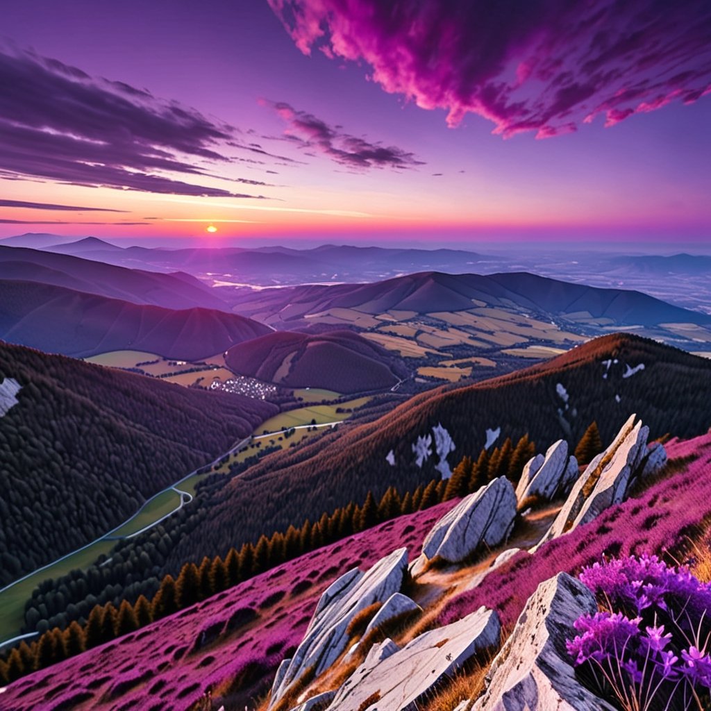 landscape seen from a mountain with a purple sunset