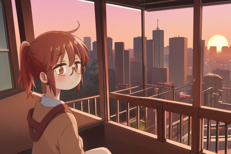 kobayashi,red hair,(hazel brown eyes:1.3),ponytail,glasses,short hair
en el balcon de un edifico, con un atardecer de fondo