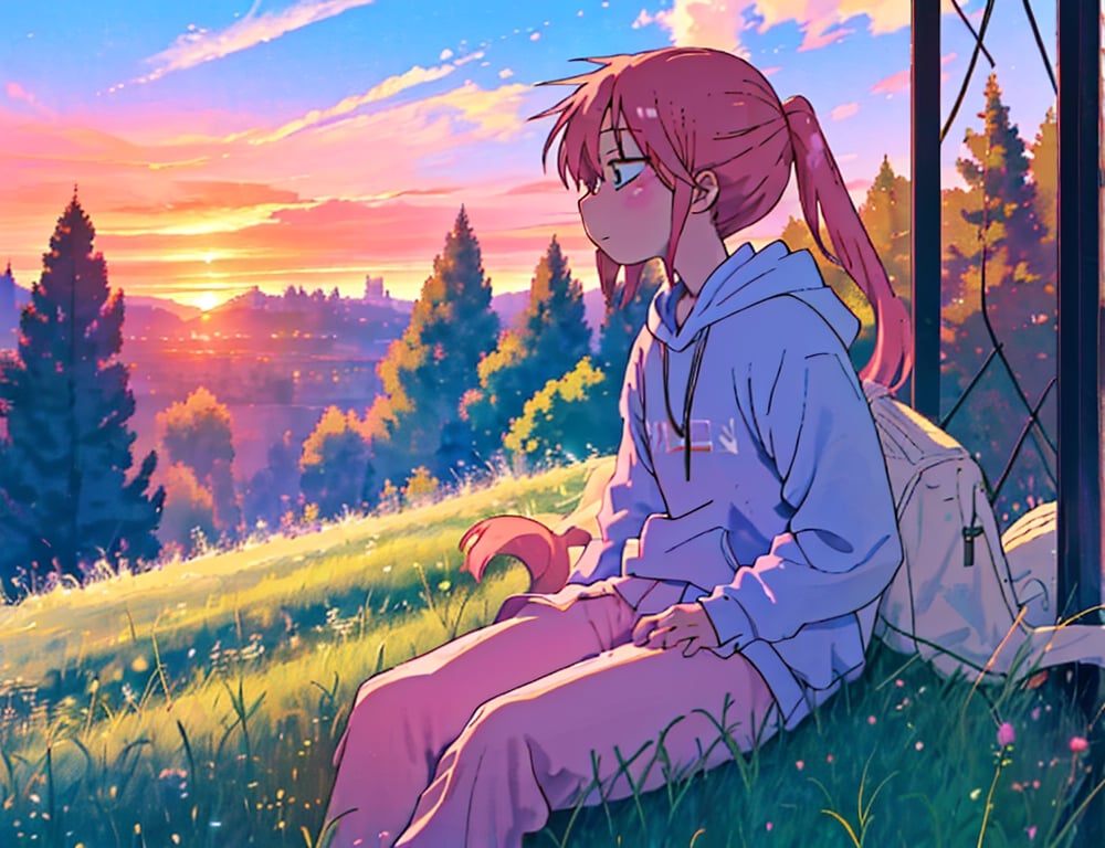 Kobayashi sweatshirt color sky blue,
sitting on a hill in the meadow, with a sunset in the background