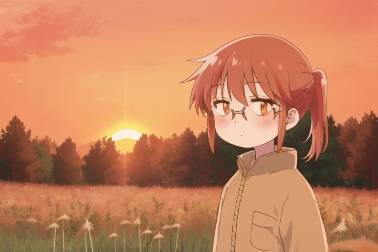 kobayashi,red hair,(hazel brown eyes:1.3),ponytail,glasses,short hair
in a meadow, at sunset with an orange sky