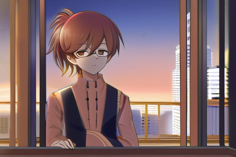 kobayashi,red hair,(hazel brown eyes:1.3),ponytail,glasses,short hair
en el balcon de un edifico, con un atardecer de fondo ,score_9