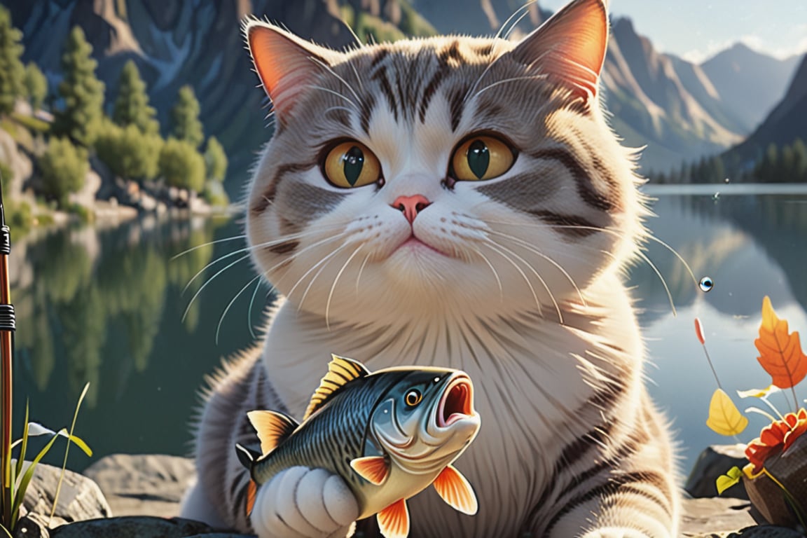 "Create a detailed and high-quality image of a plump and cute animated cat with a proud
expression, holding a large fish it has caught. The scene is set by a serene lake surrounded by mountains in the background. Other cats are scattered around, some fishing in the lake with simple
rods. The setting is tranquil and bathed in the warm light of a setting sun, casting soft shadows and
highlighting the peacefulness of the moment. There should be a sense of accomplishment and
contentment on the cat's face, and the overall image should have a photorealistic yet whimsical

style."