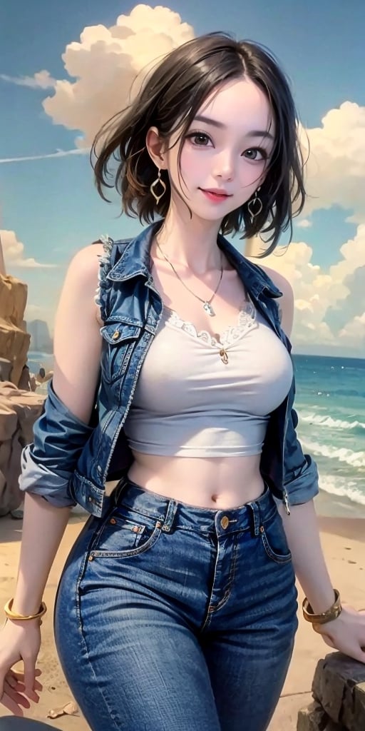 masterpiece, best quality, ultra-detailed, absurdres, Portrait of beautiful Android18DB, asian girl, solo, black hair, earrings, jewelry, denim, smile, vest, cloud, sky, day, pants, outdoors, necklace, rock,volumetric lighting, best quality, masterpiece, intricate details, tonemapping, sharp focus, hyper detailed, trending on Artstation, Toriyama Akira style
sketching , sketch,Sexy Pose,milf