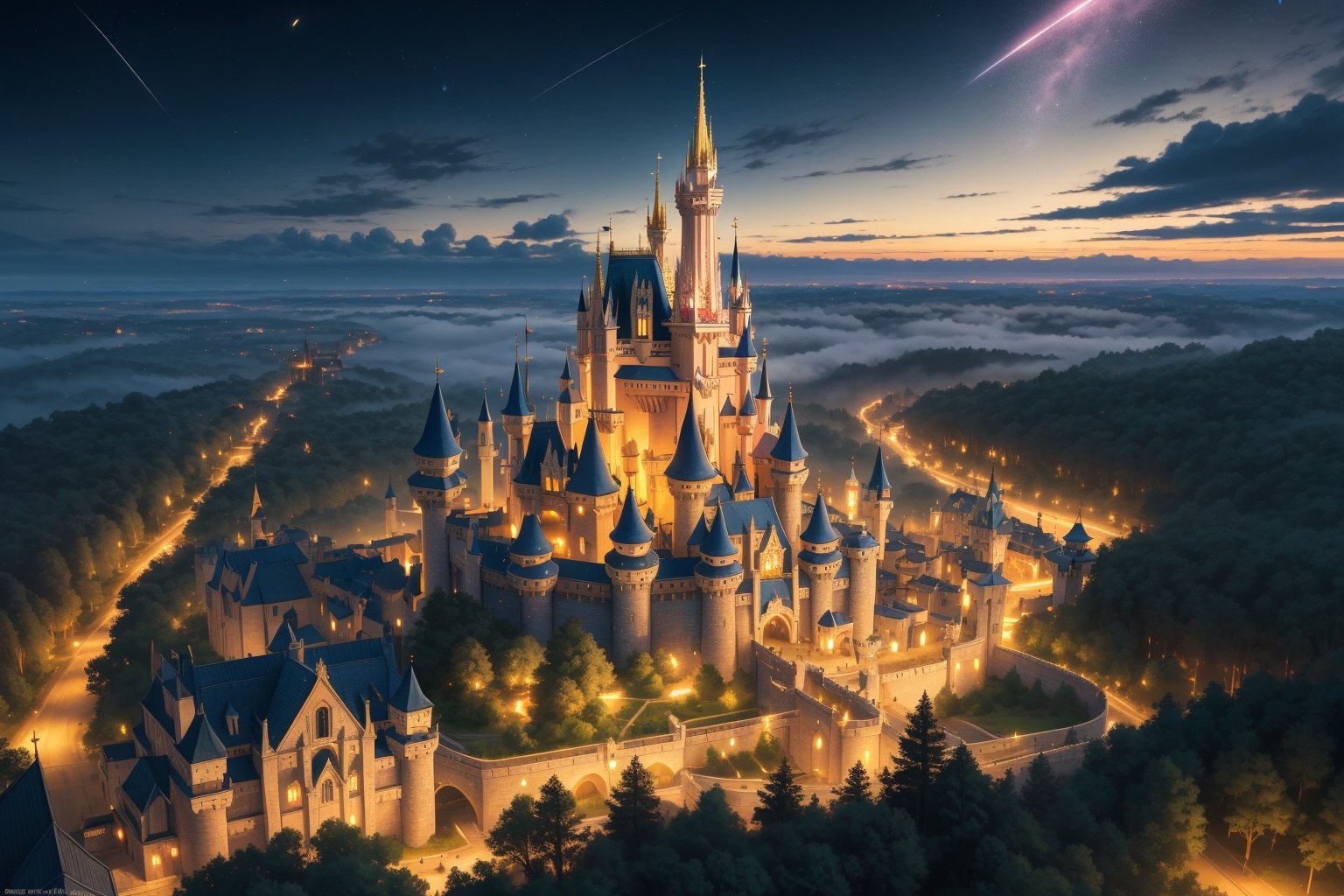 (Masterpiece, ultra detailed, hyper quality, best result) demos slayer like anime style, large and majestic Disney castle in the middle of a forest, detailed clouds, beautiful castle, beautiful night, seen from above,High detailed ,firefliesfireflies,(best quality