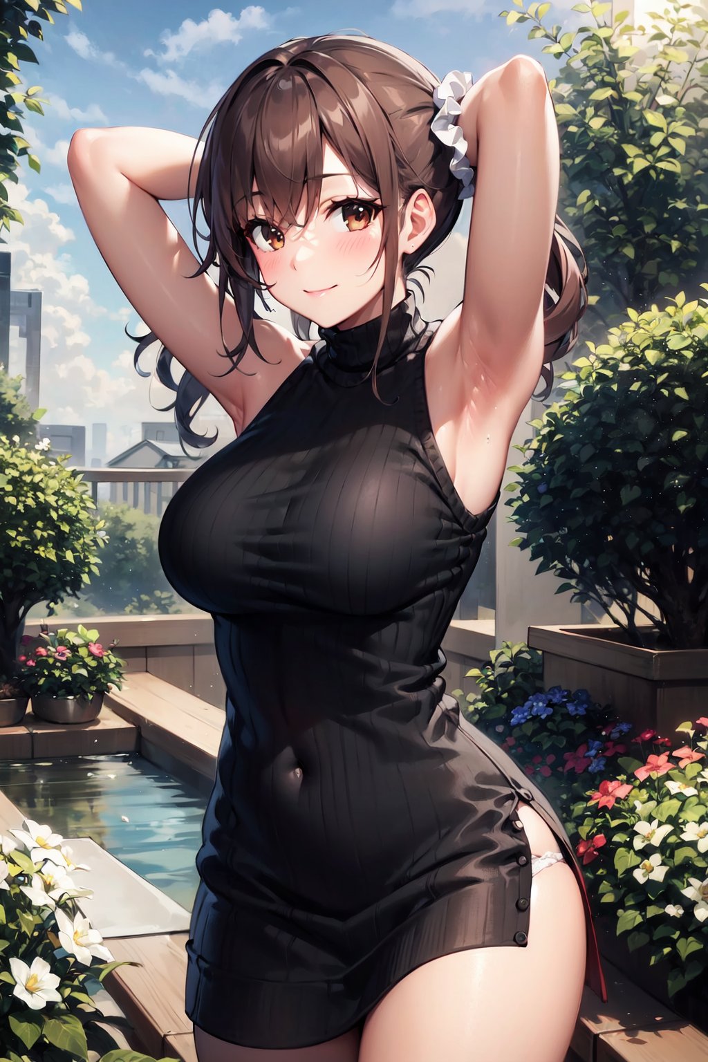 1girl, solo, sturdy build, attractive physique, toned figure, hourglass body shape, hips, breasts, lingerie, looking at viewer, blush, smile, bangs, light brown eyes, brown hair, large breasts, dress, bare shoulders, twintails, closed mouth, standing, flower, thighs, cowboy shot, outdoors, sky, sleeveless, day, cloud, armpits, water, arm up, sweater, tree, wrist cuffs, bare arms, covered navel, sleeveless dress, turtleneck, drill hair, scrunchie, grass, white flower, ribbed sweater, arm behind head, sweater, wrist scrunchie, black sweater, sweater dress, white scrunchie, sleeveless sweater, pond, Detailedface