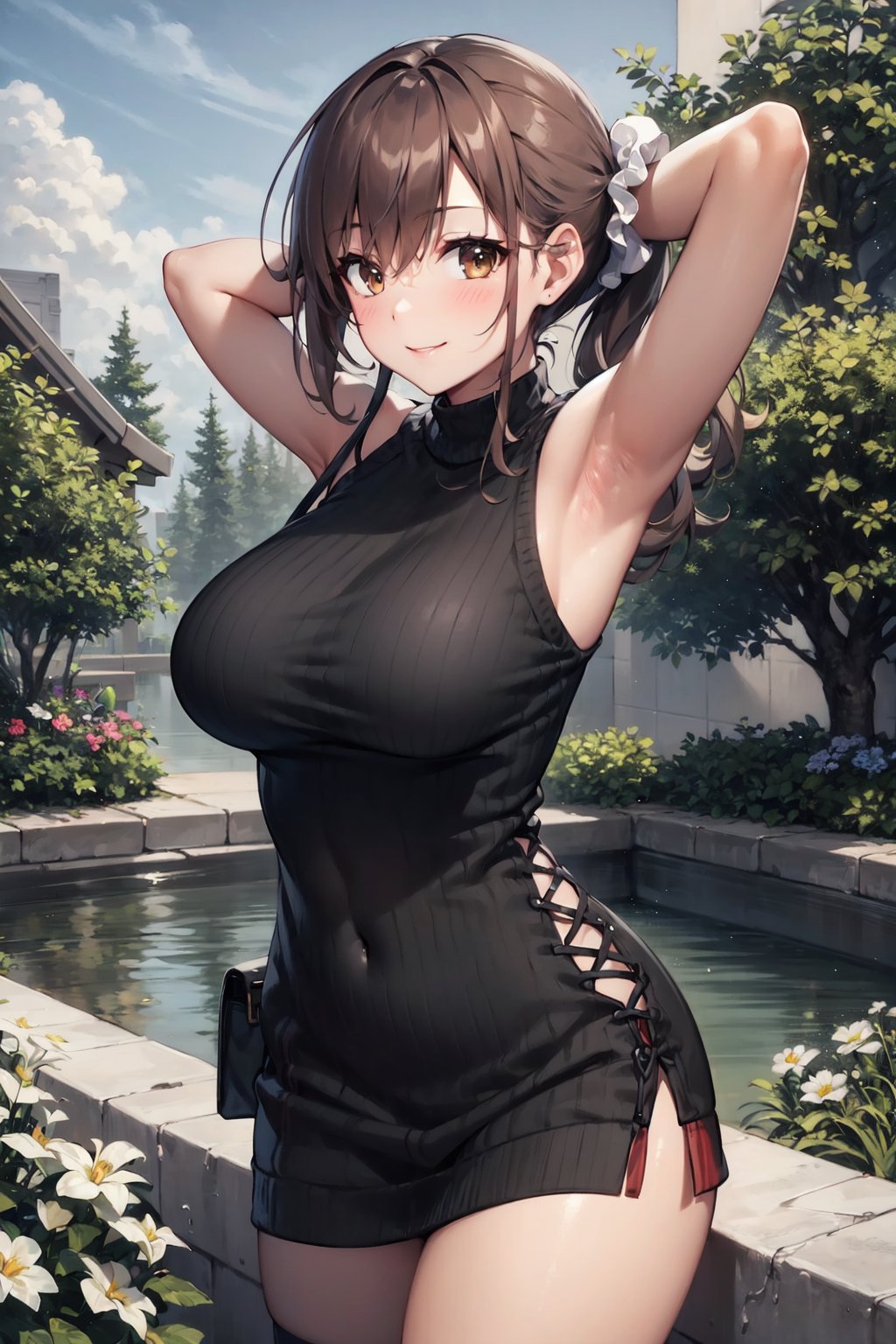 1girl, solo, sturdy build, attractive physique, toned figure, hourglass body shape, hips, breasts, lingerie, looking at viewer, blush, smile, bangs, light brown eyes, brown hair, large breasts, dress, bare shoulders, twintails, closed mouth, standing, flower, thighs, cowboy shot, outdoors, sky, sleeveless, day, cloud, armpits, water, arm up, sweater, tree, wrist cuffs, bare arms, covered navel, sleeveless dress, turtleneck, drill hair, scrunchie, grass, white flower, ribbed sweater, arm behind head, sweater, wrist scrunchie, black sweater, sweater dress, white scrunchie, sleeveless sweater, pond, Detailedface