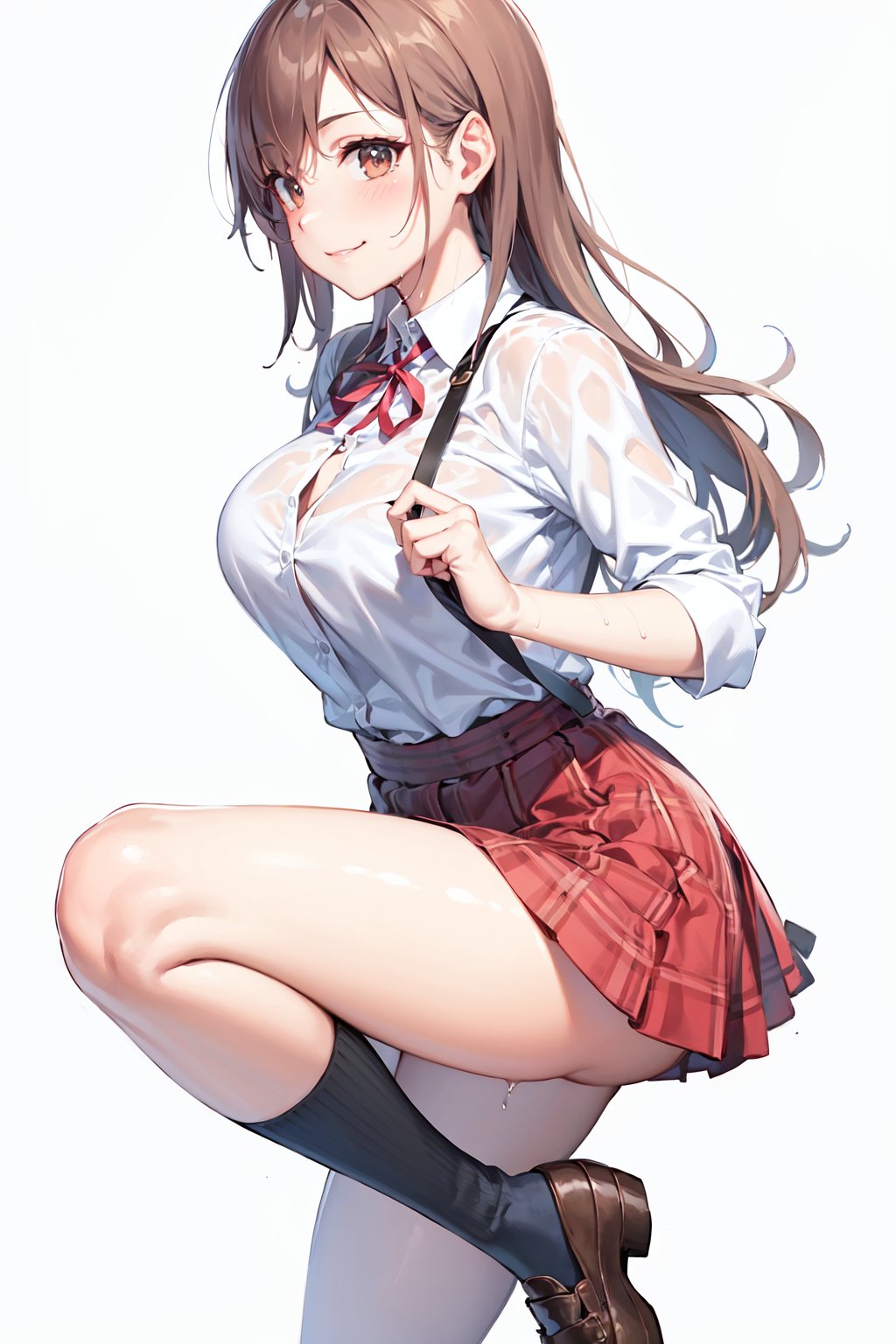 (((masterpiece))), (((best quality))), Best picture quality, high resolution, 8k, sharp focus, image of elegant lady, supermodel, girl, standing, wearing short-sleeved school uniform, dark-colored skirt, pleated skirt with tartan pattern, bubble socks, student shoes, light brown hair, long hair, brown eyes, side-swept bangs, hair betweem eyes, sideburns, phone, (wet body:1.0), sunlight, a dog, helf body, shoes removed, Head tilt, untucked, Profile, (high quality:1.0) (white background:0.8), detailed face, (blush:1.0), 1 girl,Young beauty spirit, ZGirl, perfect light, Detailedface,1 girl, big eyes, eye shadow ,SharpEyess, 
,perfecteyes eyes ,Smirk,Detailedface,perfect light,ZGirl,dreaming_background,photo of perfecteyes eyes,