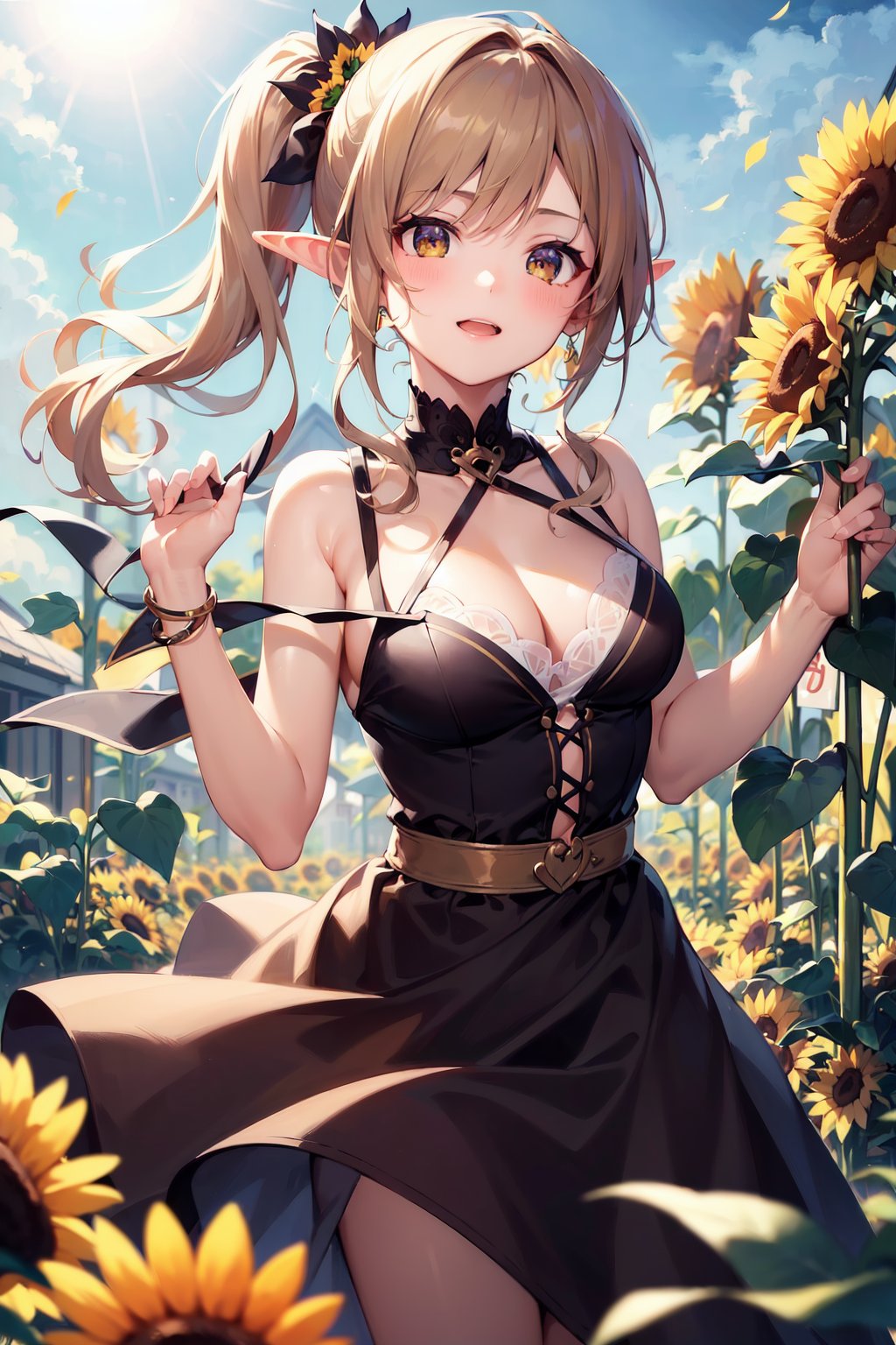 (masterpiece, best quality, highres:1.3), ultra resolution image, (1girl), (solo), kawaii, blonde hair, long flowing hair, elf, emerald eyes, gentle breeze, sunflowers, sunflower field, petal, sparkling magic, (soft sunlight:1.3), fantasy, nature accessories, happy, (side ponytail:1), (brown hair:1), (brown eyes:1)