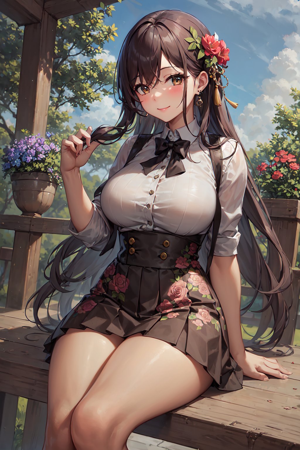girl, solo, sturdy build, attractive physique, toned figure, hourglass body shape, hips, breasts, (looking at viewer), blush, smile, skirt, pleated skirt, flower printed skirt, large breasts, shirt, white shirt, flowers printed shirt, sitting, very long hair, closed mouth, thighs, earrings, outdoors, miniskirt, swept bangs, lace trim, Detailedface,hu tao,1girl