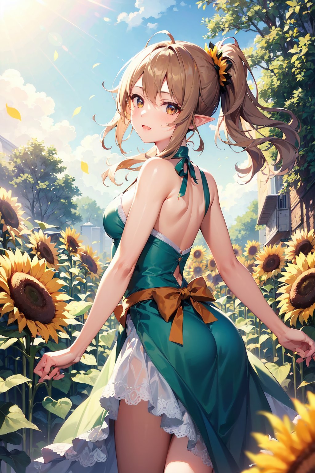 (masterpiece, best quality, highres:1.3), ultra resolution image, (1girl), (solo), kawaii, blonde hair, long flowing hair, elf, emerald eyes, gentle breeze, sunflowers, sunflower field, petal, sparkling magic, (soft sunlight:1.3), fantasy, nature accessories, happy, (side ponytail:1), (brown hair:1), (brown eyes:1)