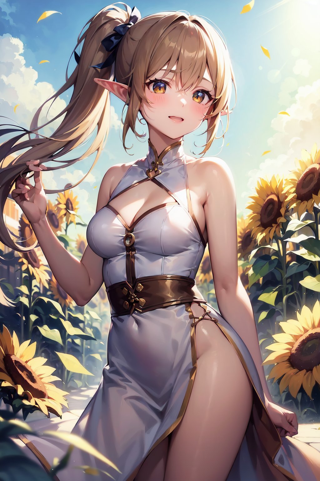 (masterpiece, best quality, highres:1.3), ultra resolution image, (1girl), (solo), kawaii, blonde hair, long flowing hair, elf, emerald eyes, gentle breeze, sunflowers, sunflower field, petal, sparkling magic, (soft sunlight:1.3), fantasy, nature accessories, happy, (side ponytail:1), (brown hair:1), (brown eyes:1)